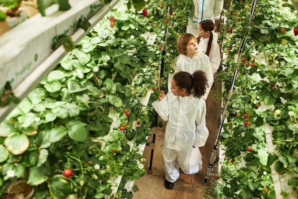 Group of children learning about strawberry plants during an Edmonton farm tour